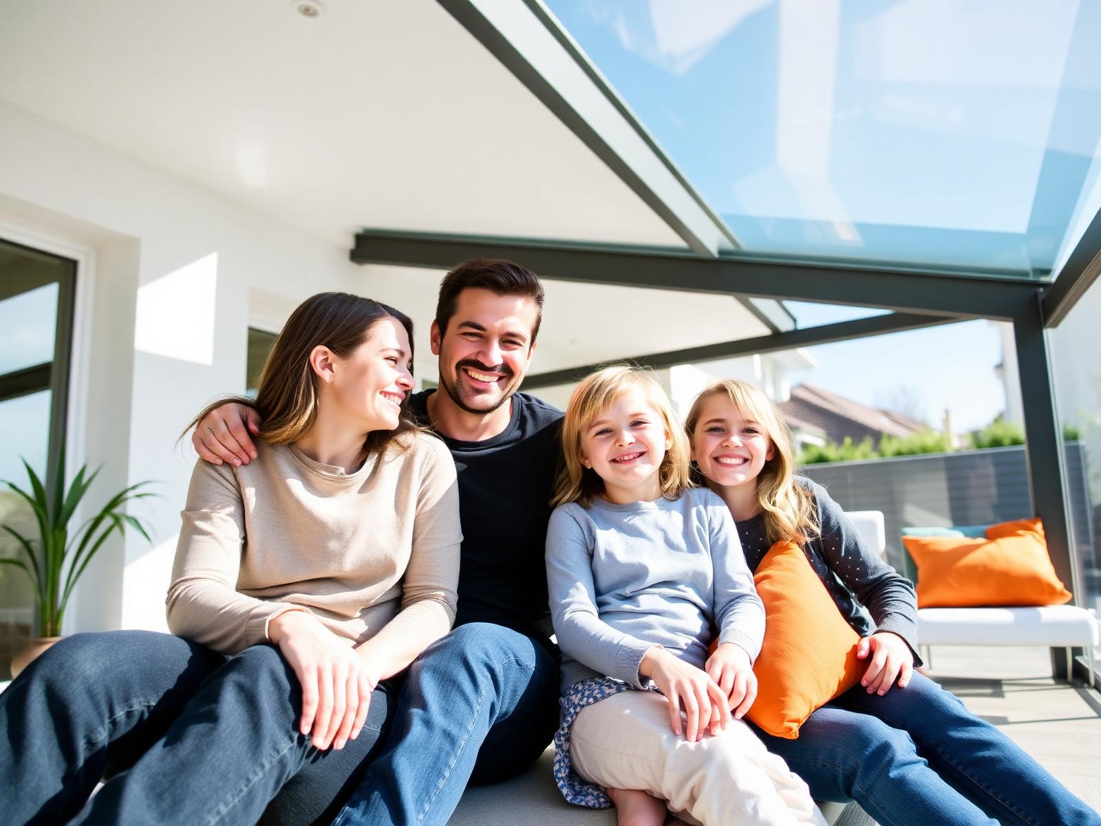 Familie unter Terrassenüberdachung